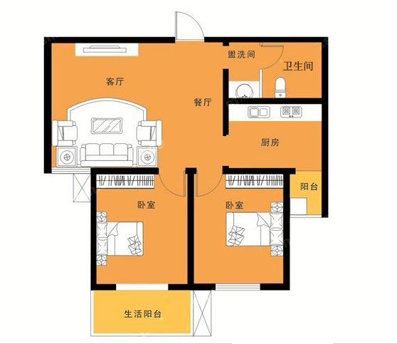 1# B戶(hù)型 88.89㎡ 2室2廳